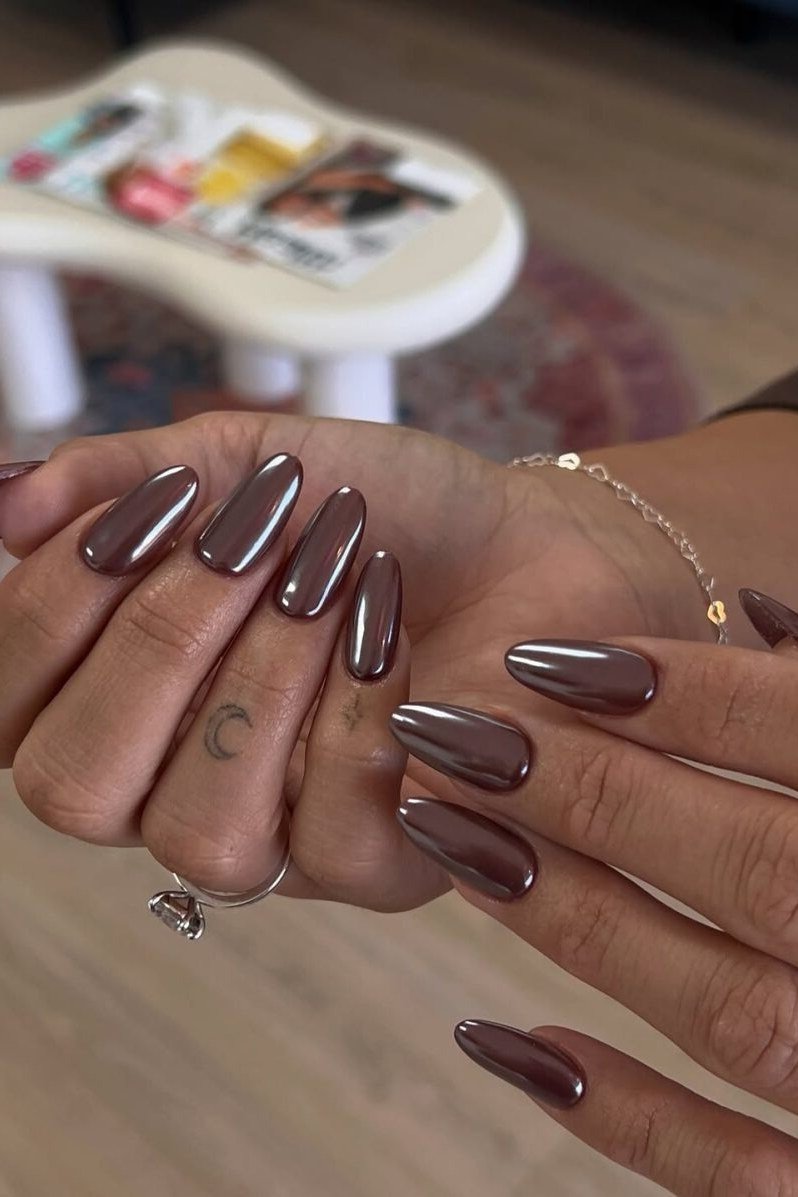 Chocolate Chrome Almond Nails, chocolate brown fall nail design for women over 60