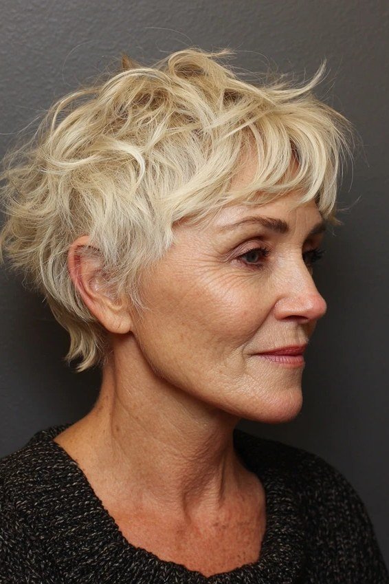 Platinum blonde curly bixie haircut side view for women over 60