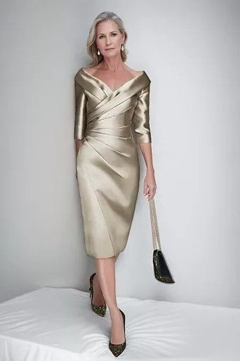 champagne satin midi dress, elegant cocktail dress for women over 60