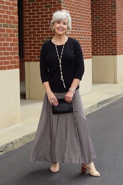 Black Top with a Gray Pleated Maxi Skirt, classic casual outfit for women over 70