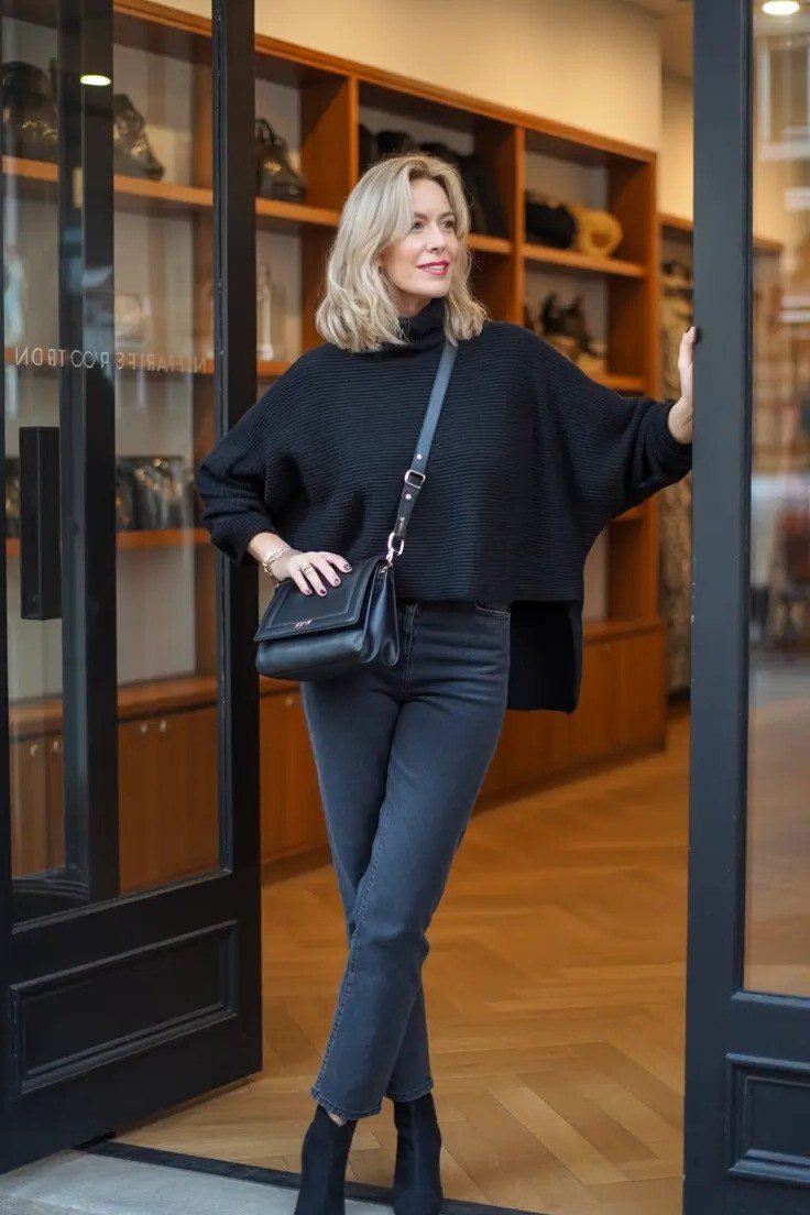 black oversized turtleneck sweater dark skinny jeans black boots women over 50