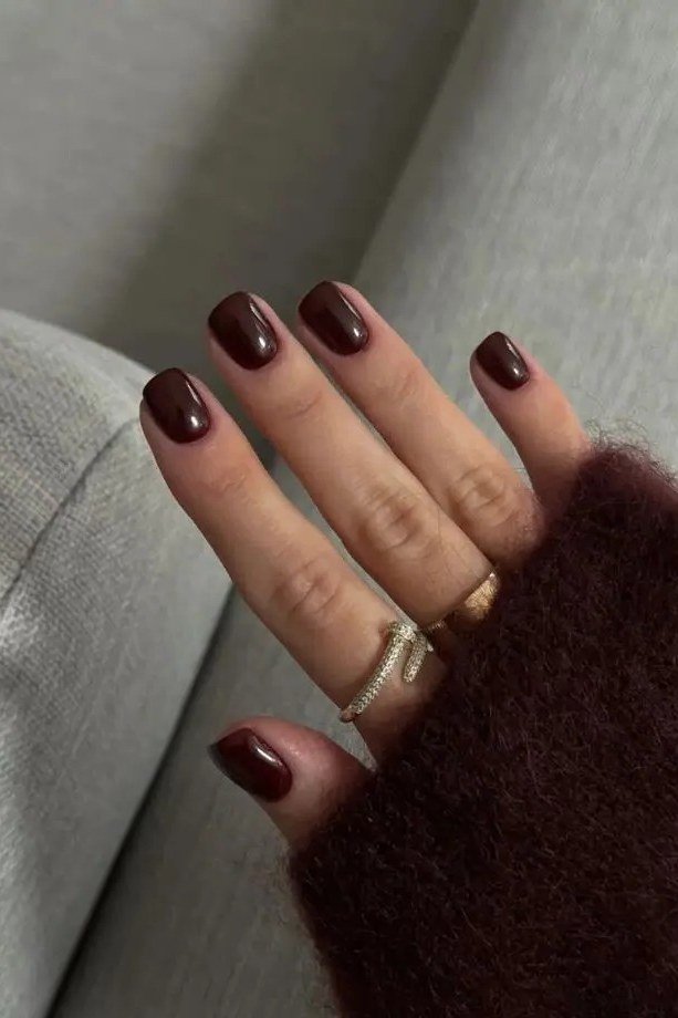 Espresso Brown Squoval Nails with a Sweater - old money fall nail color for women over 40
