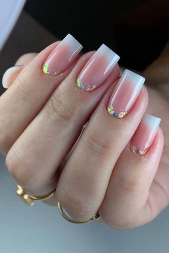 baby boomer nails with gold glitter smile line on square nails