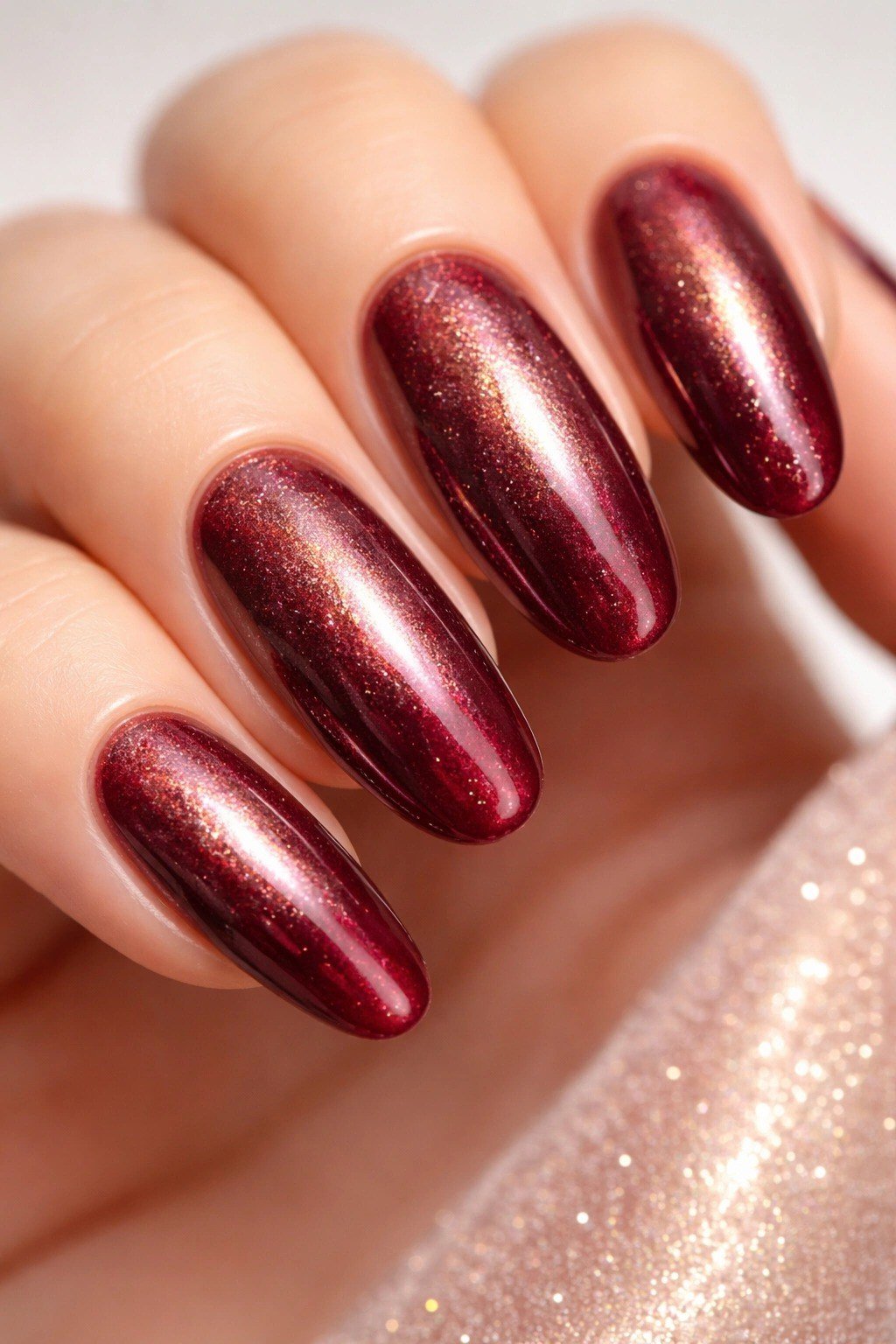Metallic burgundy oval, burgundy fall nail idea for women over 60