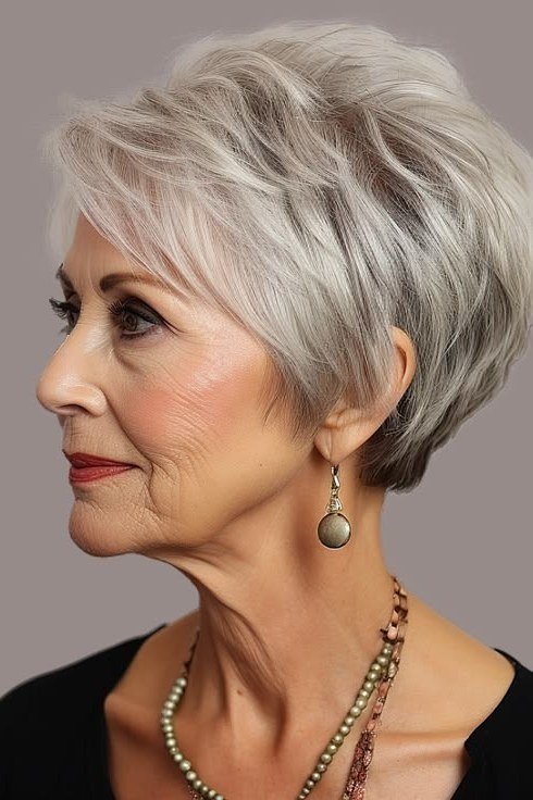 White wispy pixie with beaded necklace and soft side part