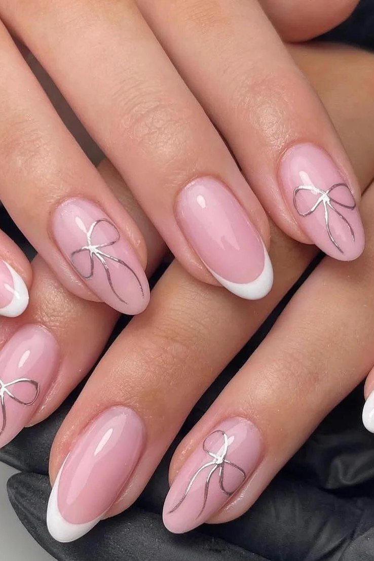 Chic Bow Outlines - micro french manicure with ultra-thin tip line, elegant nail design for women over 50