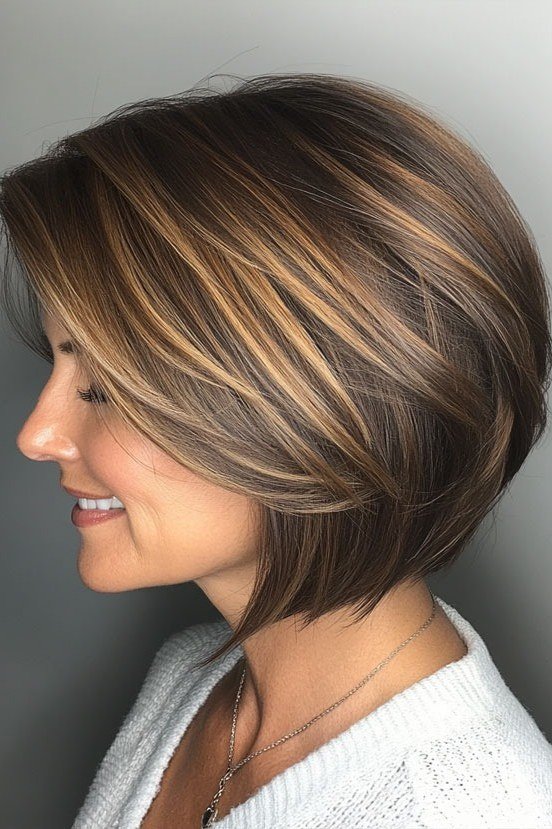 brown bob with caramel highlights, side view — chin-length layered bob hairstyle for women over 50