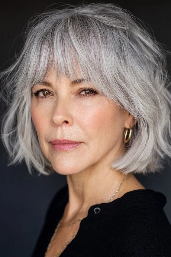 grey shaggy textured bob piecey layers - textured bob haircut idea for women over 60