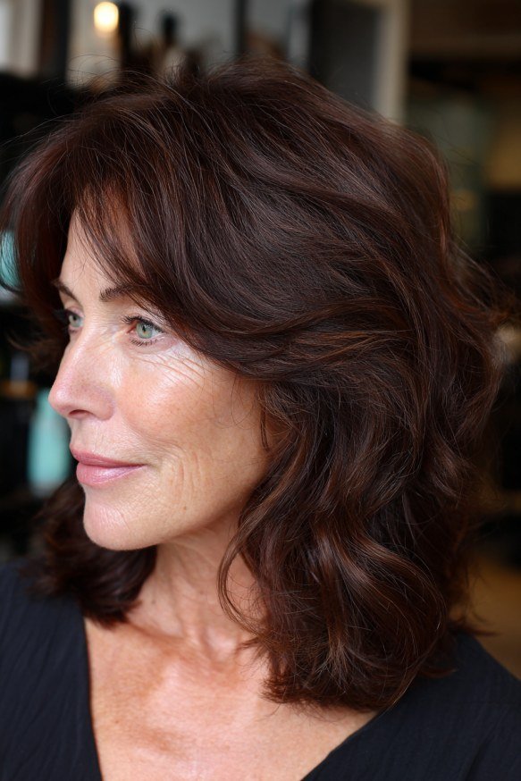 Dark Auburn Layered Lob in Profile - layered lob hairstyle for women over 60