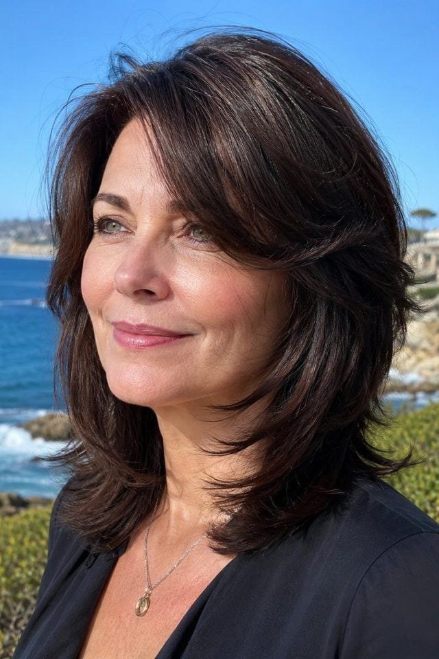 Dark Brown Butterfly Cut by the Ocean - butterfly cut hairstyle for women over 60