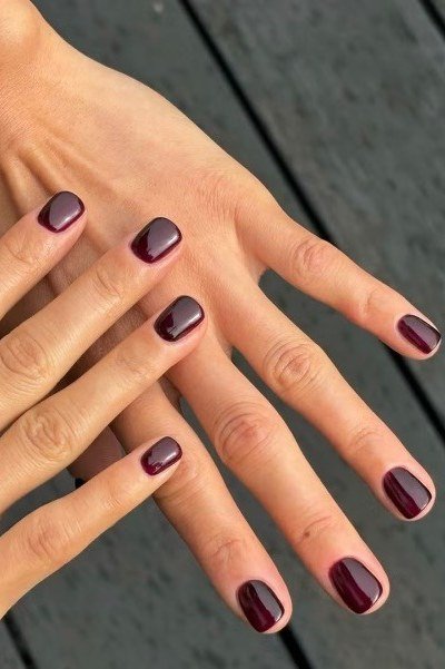 Burgundy Short Almond - short nail design for women over 60 that makes nails look longer