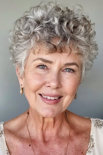 White curly lob with bangs, front view, older woman