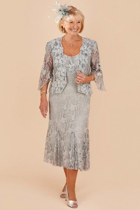 silver lace dress with lace jacket and fascinator