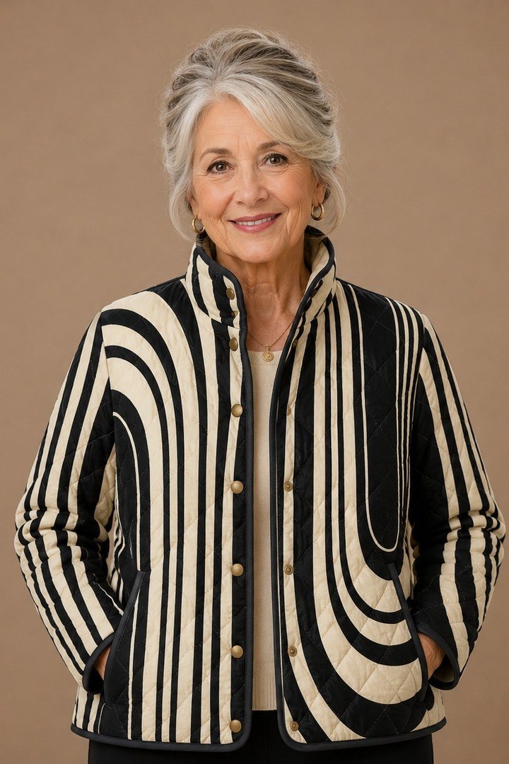 Black and cream striped quilted jacket outfit for women over 60