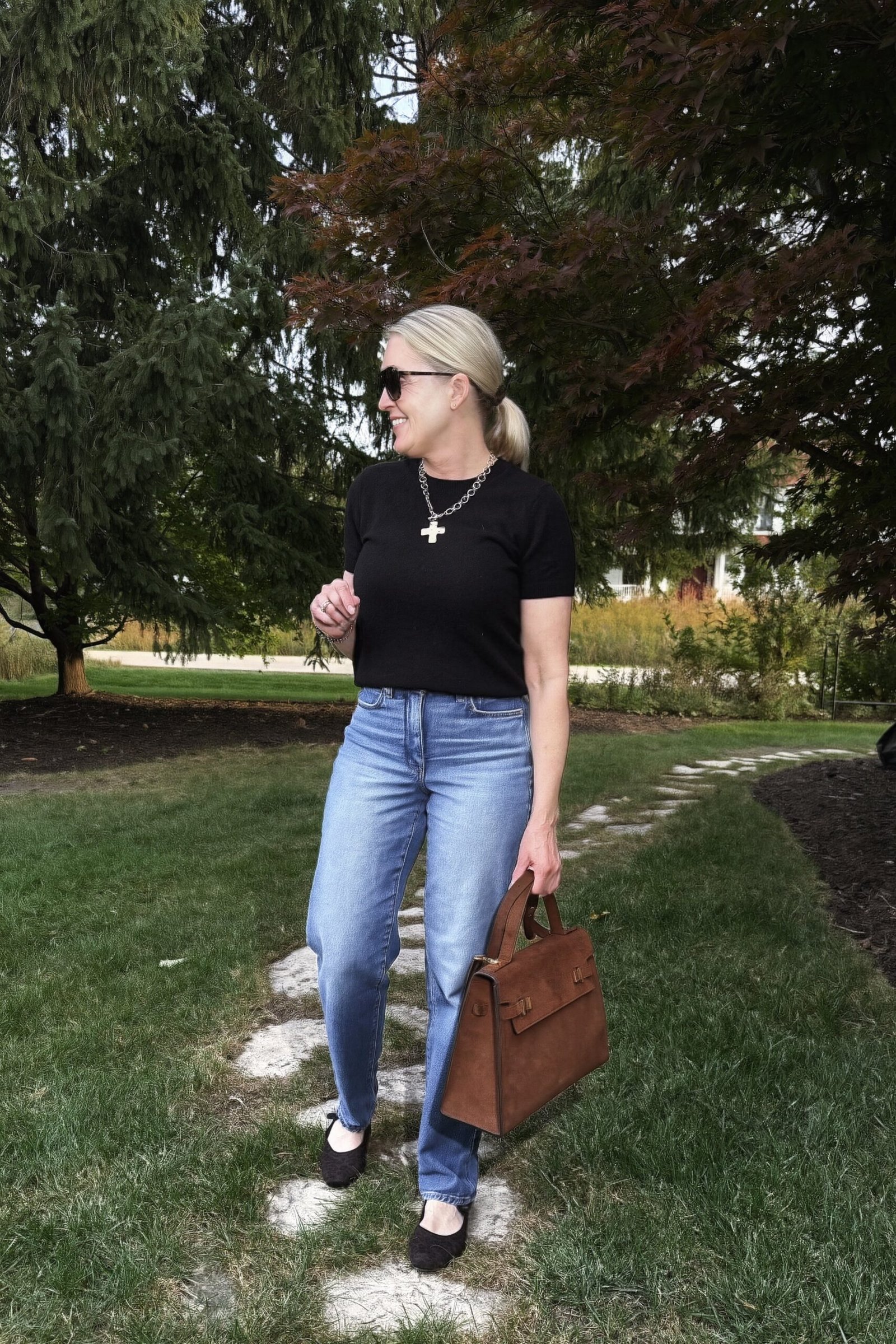Black Tee with Blue Jeans on a woman over 50, fall outfit idea