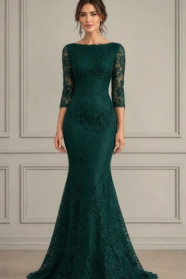 Emerald green lace mermaid gown - wedding guest outfit for women over 50