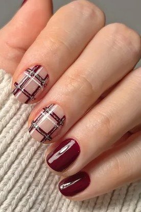 Burgundy and Pink Plaid Nails, fun winter nail idea for women over 60