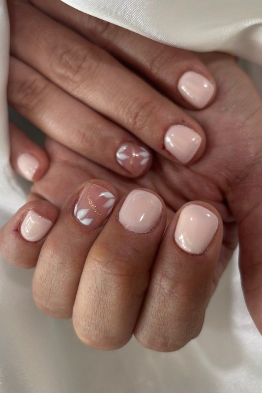 Blush Nails with Gold Foil Accent, understated glam nail color for women over 60