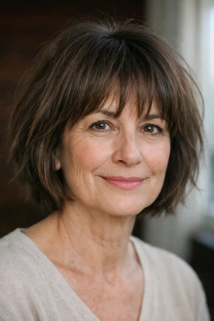 Dark-brown bob haircut with bangs on an older woman, front view, medium hairstyle for women over 60