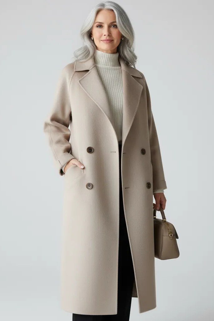 Beige midi coat with a cream turtleneck for women over 50 at work