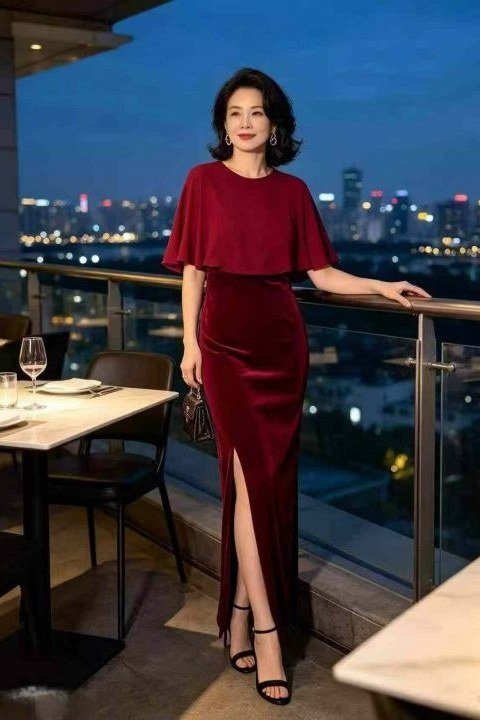 Woman in burgundy velvet cape-sleeve midi dress with thigh slit