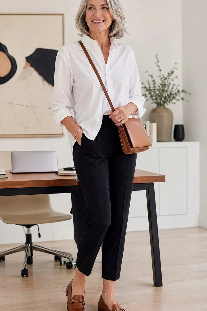Work outfit for women over 40: white shirt with black cropped trousers