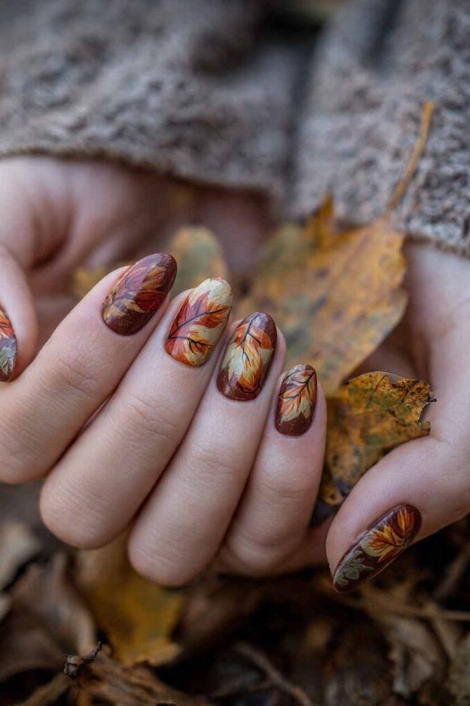 Tortoise brown almond nails with leaf art, hands holding real dried autumn leaves.
