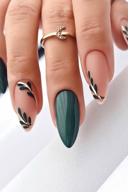 nude and forest green with leaf art, almond