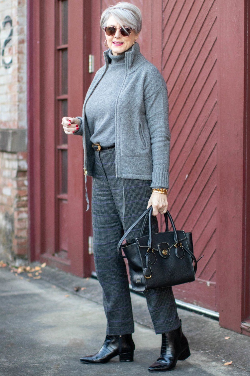 Effortlessly chic fall outfit for women over 60: grey knit blazer and trousers