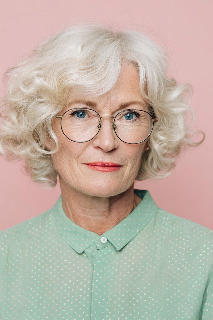 32. White Curly Bob with Glasses - wash and wear hairstyle for older women