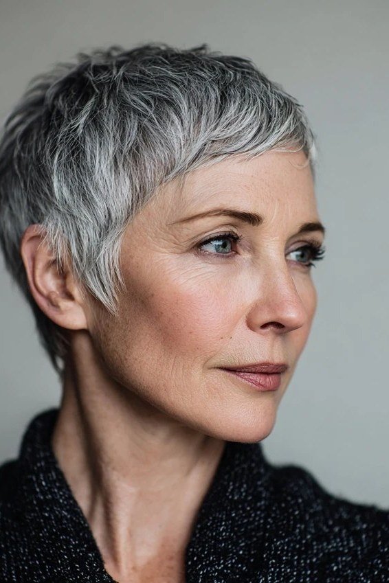 Salt-and-pepper pixie, three-quarter view, micro pixie cut for women over 60 going silver