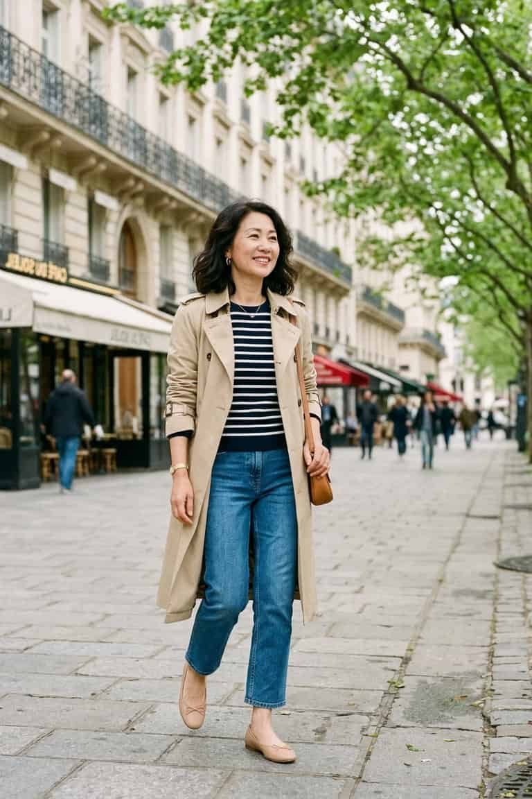 Woman over 50 wearing Beige trench coat over a striped top with jeans on a city street.