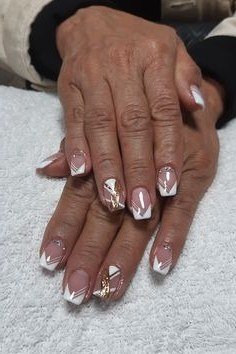 Pink Gel Nails with Gold and White Art - short gel nail idea for women over 50