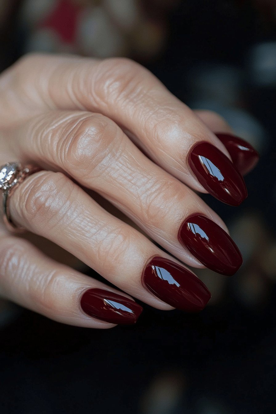 Deep Oxblood Burgundy Almond Nails for women over 70