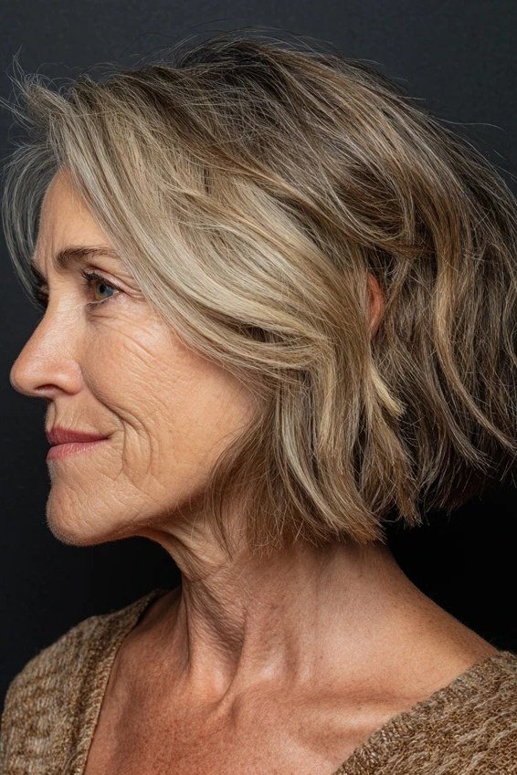 Wavy bronde bob side view, dark bg, short layered bob hairstyle for women over 60