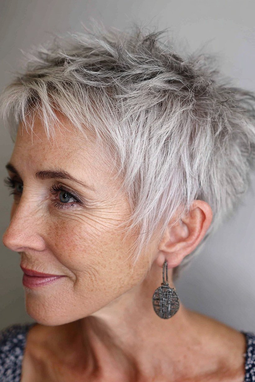 spiky silver pixie with statement earrings, 3/4 view hairstyle for women over 70