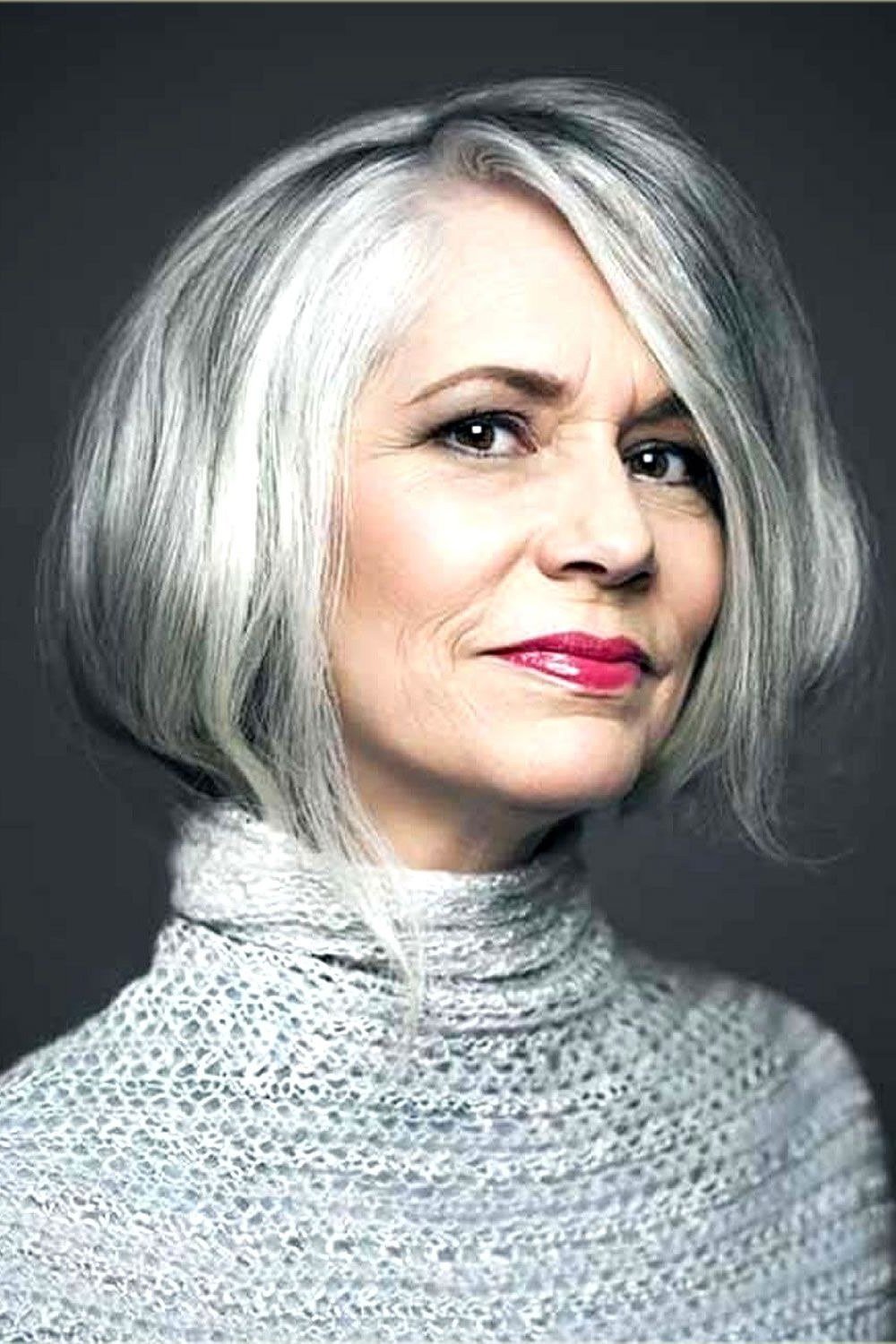 Silver Side-Part Bob - grey shoulder length hairstyle for women over 60