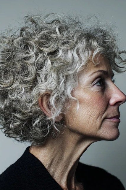 Grey Curly Bob Side Profile - short curly hairstyle for women over 60