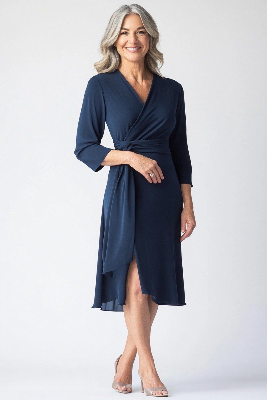navy wrap dress with slit for women over 60