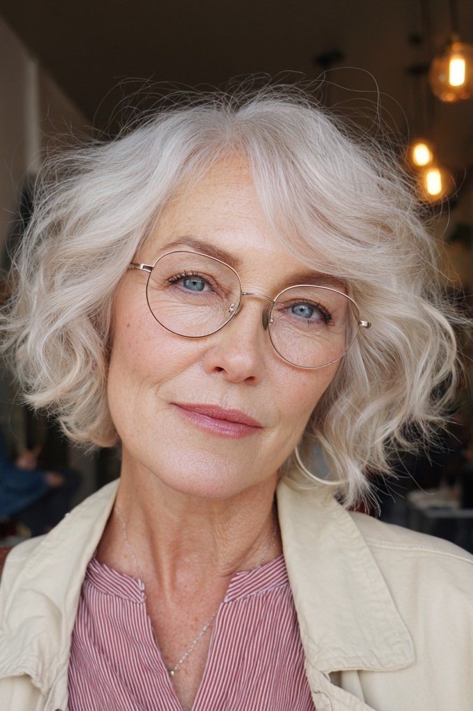 Curly white bob with glasses for women over 60