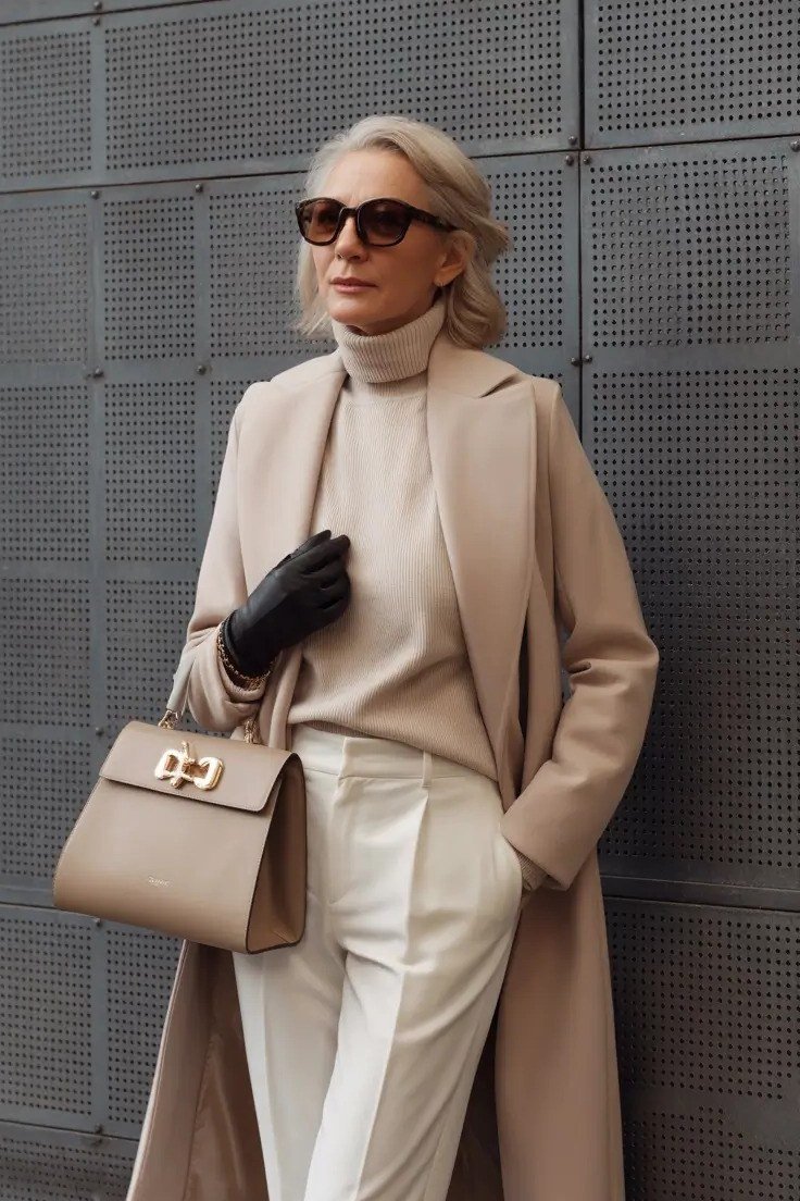 beige turtleneck with beige coat, cream trousers and gloves for women over 50