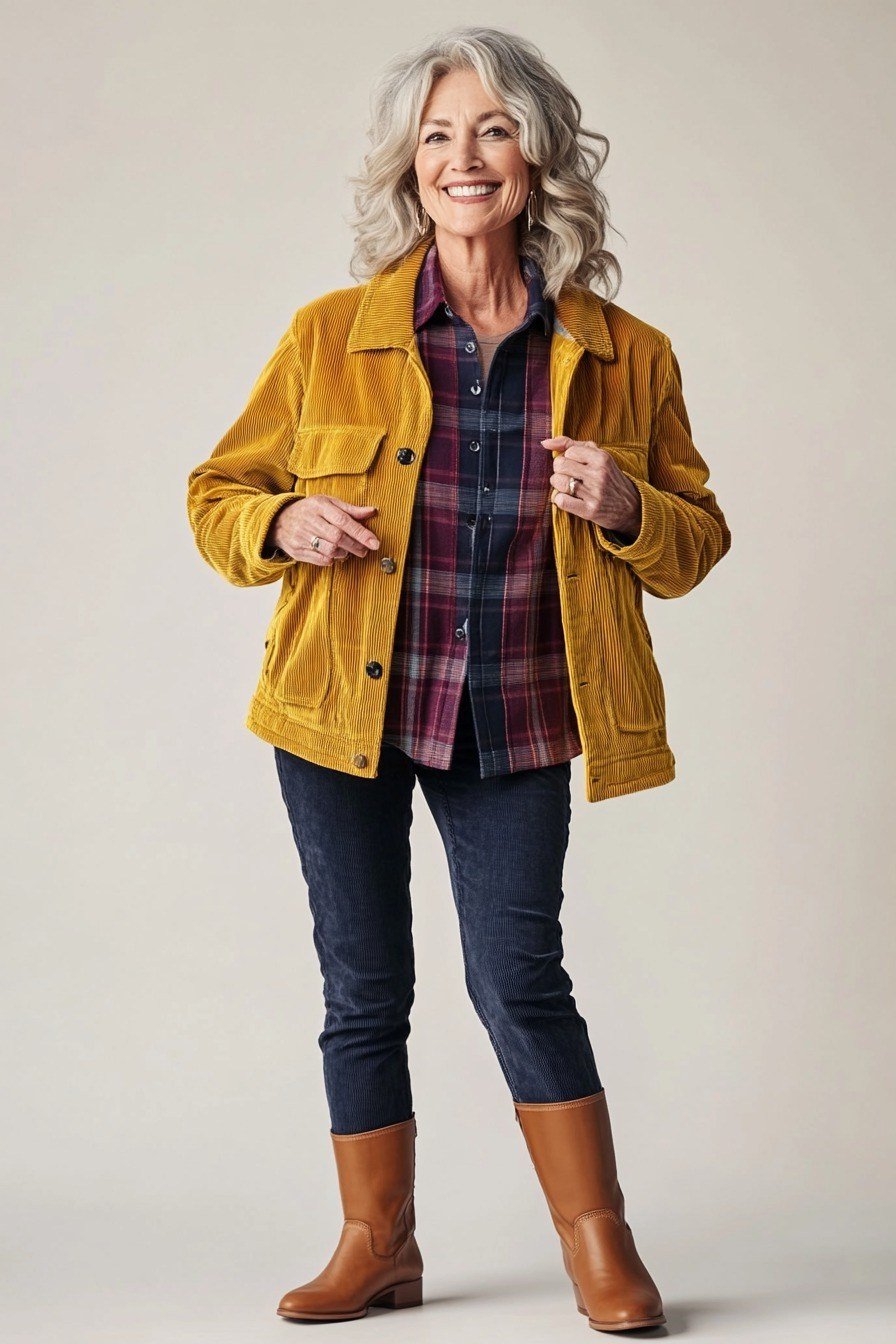 Mustard corduroy trucker jacket over plaid shirt with dark jeans and tan knee boots