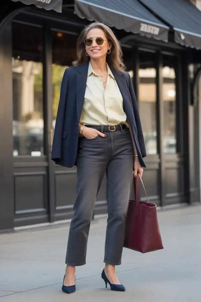 Casual fall outfit for women over 60: rust turtleneck, black midi skirt, black knee boots