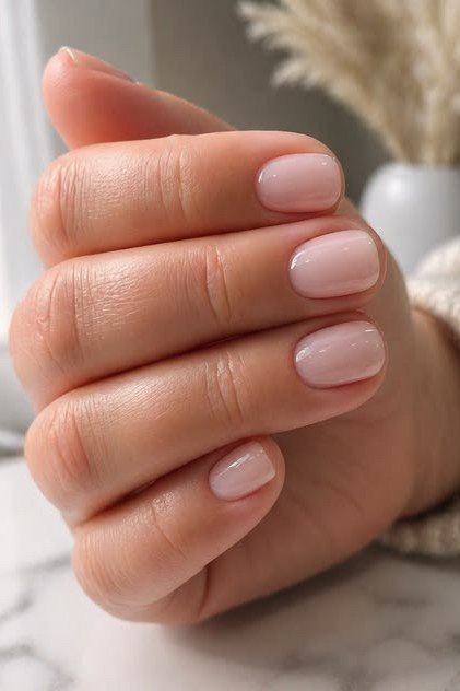Soft pink nails styled with pampas grass