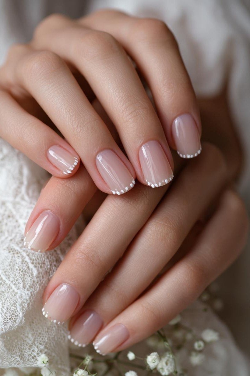 French nails with glitter edge, sophisticated nail design for women over 50