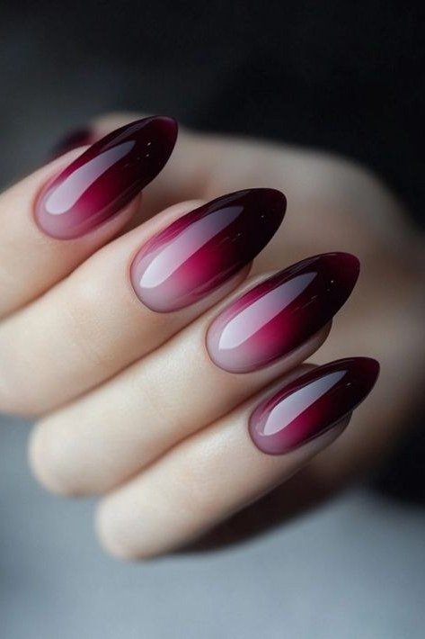Deep wine ombre on almond nails, glossy, ombre nail design for women over 60