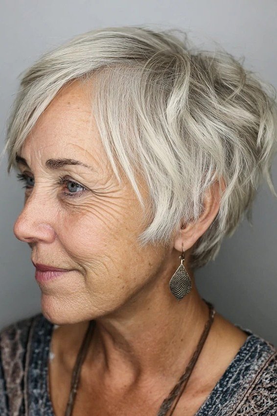 Tousled Curly Silver Bob, chic bob haircut for women over 50