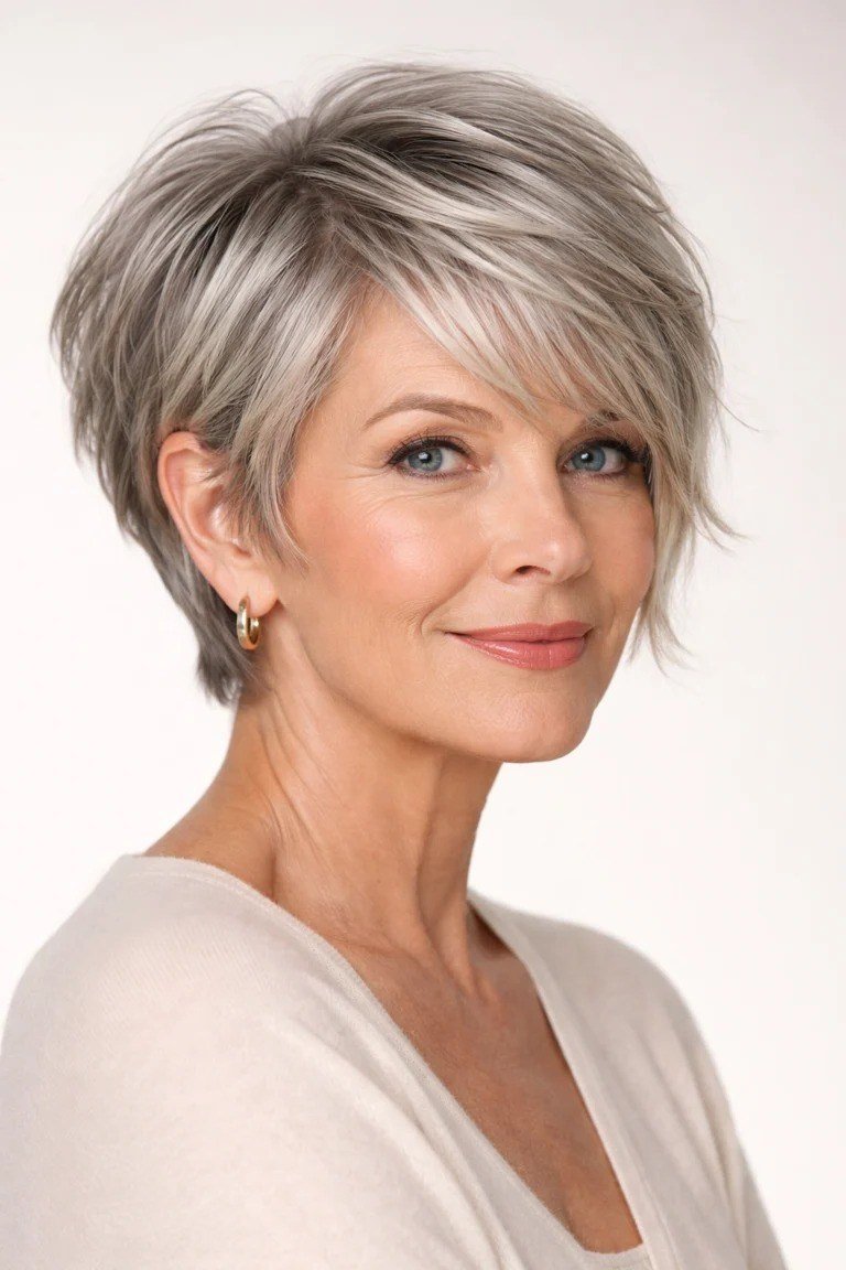 Choppy bob hairstyle for women over 60: grey bob front with glasses floral blouse