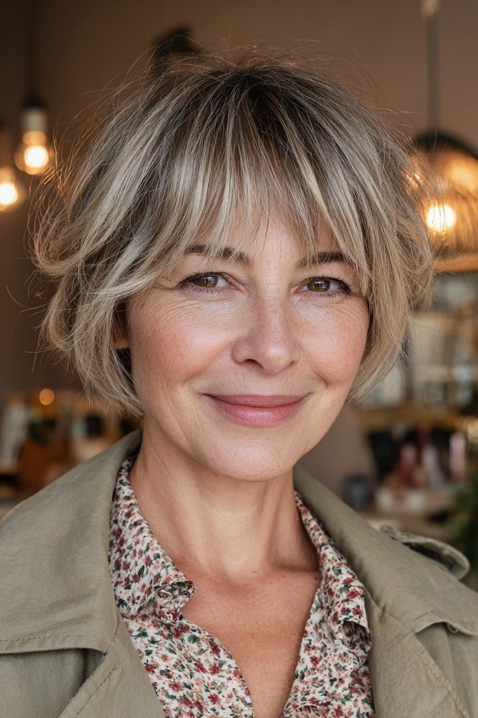Silver shaggy pixie haircut with bangs for women over 40