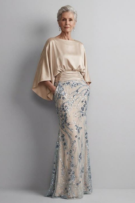Champagne Sequin Gown with Capelet Top - evening outfit for women over 60